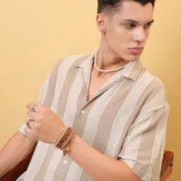 LOCOMOTIVE Premium Dobby Textured Striped Cuban Collar Cotton Oversized Shirt-image-91