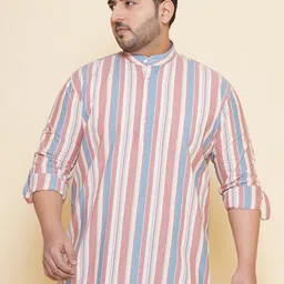 John Pride Plus Size Vertical Striped Band Collar Cotton Linen Casual Shirt-picture-28