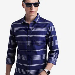 KETCH Blue Slim Fit Horizontal Stripes Opaque Cotton Casual Shirt-picture-23
