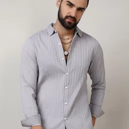 Campus Sutra Grey Classic Vertical Striped Spread Collar Casual Shirt-image-37
