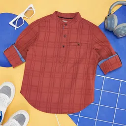 Pantaloons Junior Boys Checked Band Collar Roll-Up Sleeves Cotton Casual Shirt-image-23