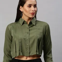 SHOWOFF Women Olive Green Comfort Boxy Casual Shirt-image-73