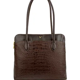 Hidesign Coffee Brown Handcrafted Croc Textured Leather Structured Shoulder Bag-picture-40