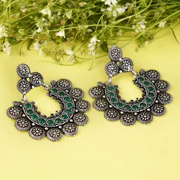 FIROZA Silver-Toned & Green Oxidised Crescent Shaped Stone Studded Chandbalis-picture-20