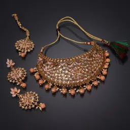 ANIKAS CREATION Gold-Plated Peach-Coloured & Pink Kundan-Studded Enamelled Bridal Look Choker Jewellery Set-image-89