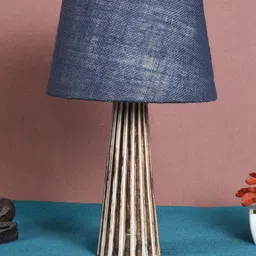 foziq Brown & Blue Textured Wooden Table Lamp-picture-38