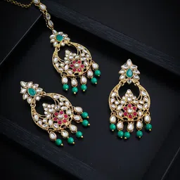 Sukkhi Gold-Plated Green & White Kundan-Studded Beaded Antique Jewellery Set-picture-22