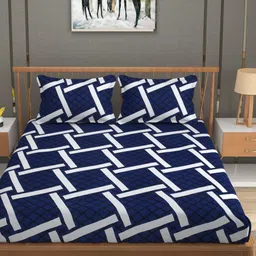 RIDHAAN Blue & White Geometric  220 TC Cotton Queen Bedsheet With 2 Pillow Covers-picture-11