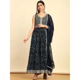 Soch Navy Blue Embellished Georgette Basic Jumpsuit With Dupatta & Belt-picture-16