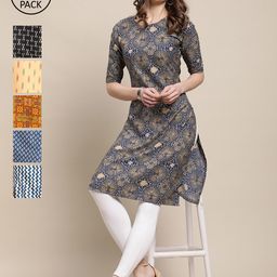 7threads KALINI Women Pack Of 6 Multicoloured Ethnic Motifs Printed Crepe Kurta-picture-9