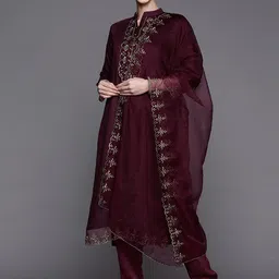 Indo Era Women Band Collar Embroidered Kurta & Trousers With Dupatta-picture-18