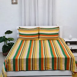 Ariana Yellow & Green 3 Striped 240 TC Pure Cotton Double Queen Bed Covers-picture-20