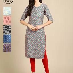 7Threads Women Pack Of 6 Geometric Printed Crepe Kurta-image-35