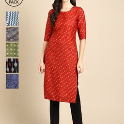 7Threads Women Pack of 6 Digital Printed Crepe Straight Kurta-picture-6