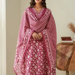 NAINVISH Floral Printed V-Neck Straight Kurta With Trousers And Dupatta-picture-11