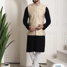 SOJANYA Geometric Embroidered Sequinned Pure Cotton Kurta & Churidar With Nehrujacket image 1