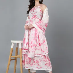AHIKA White & Pink Floral Printed A-Line Pure Cotton Kurta with Trousers & Dupatta image 1