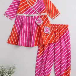The Magic Wand Girls Striped Angrakha Gotta Patti Pure Cotton Kurta with Trousers image 1