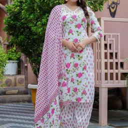 KALINI Women Floral Printed Angrakha Thread Work Pure Cotton Kurta with Palazzos & With Dupatta image 1