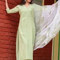 Ambraee Women Lime Green Yoke Design Sequinned Kurta with Trousers With Dupatta image 1