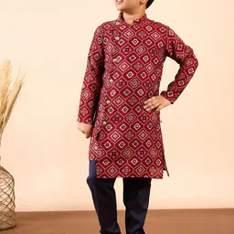 Stylo Bug Boys Ethnic Motifs Printed Mandarin Collar Angrakha Kurta with Pyjamas image 1