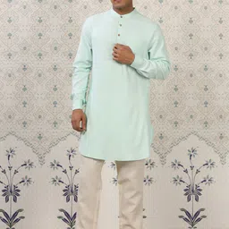 Ode by House of Pataudi Green & Beige Band Collar Straight Kurta with Pyjamas image 1