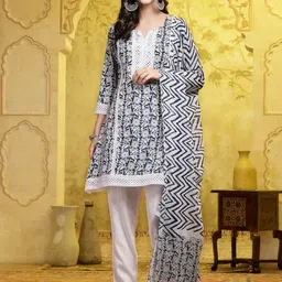 Stylum Blue & White Floral Printed Pure Cotton A Line Kurti with Trousers & With Dupatta image 1