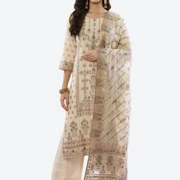 Biba Women Beige Floral Printed Kurta with Palazzos & With Dupatta image 1