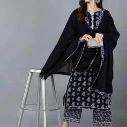 AHIKA Navy Blue Printed Gotta Patti Pure Cotton Kurta with Palazzos & Dupatta image 1