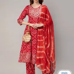 CELEBRAVO Bandhani Printed Mirror Work Straight Kurta With Trousers & Dupatta image 1