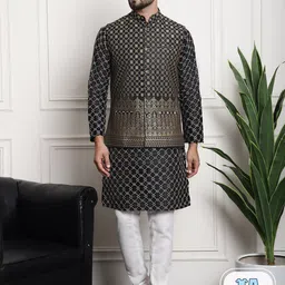 SOJANYA Ethnic Motifs Woven Design Embroidered Straight Kurta & Churidar With Nehru Jacket image 1