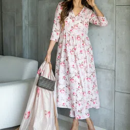 Ambraee Women Pink Floral Printed Kurta with Trousers With Dupatta image 1