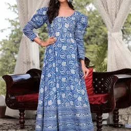 Divena Floral Printed Puff Sleeves Regular Pure Cotton Anarkali Kurta With Trousers image 1