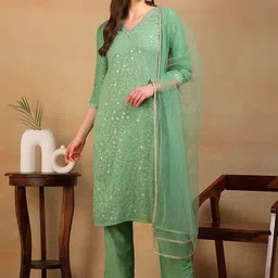AHIKA Embroidered Regular Sequinned Kurta With Trousers & Dupatta image 4