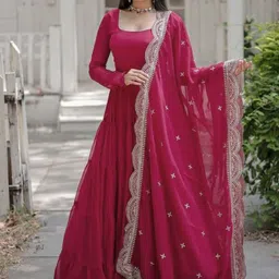 Ethnic Yard Round Neck Long Sleeves Georgette Ethnic Dress With Dupatta image 1