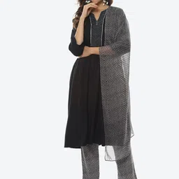 Biba Women Pleated Kurta with Trousers & Dupatta image 1