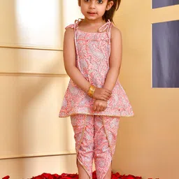 Rangpur Girls Ethnic Motifs Printed Layered Gotta Patti Pure Cotton Kurti with Dhoti Pants image 1