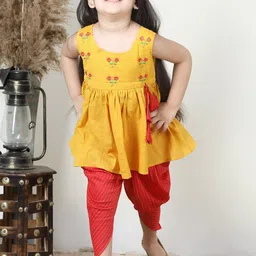 here&now x kinder kids Kinder Kids Girls Floral Yoke Design Empire Gotta Patti Pure Cotton Kurti With Dhoti Pants image 1