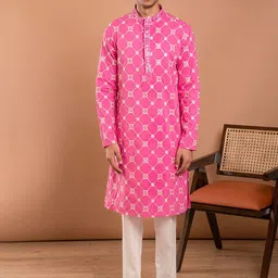 Aaheli Mandarin Collar Embroidered Regular Mirror Work Pure Cotton Kurta with Pyjamas image 1