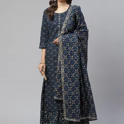 Divena Women Blue Floral Printed Sequinned Pure Cotton Kurta with Skirt & With Dupatta image 1