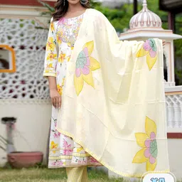KALINI Floral Printed Thread Work Pure Cotton Kurta with Trousers & Dupatta image 1