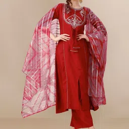 KALINI Embroidered Straight Front Slit Kurta Palazzo & Organza Dupatta Set image 1