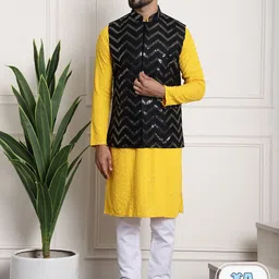 SOJANYA Floral Sequinned Emnellished Pure Cotton Kurta & Churidar With Nehru Jacket image 1