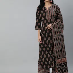 Nayo Women Black Floral Printed Pure Cotton Kurta with Palazzos & With Dupatta image 1