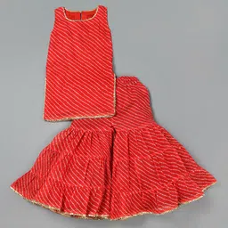 Rangpur Girls Leheriya Striped Printed Regular Gotta Patti Pure Cotton Kurti with Sharara image 1