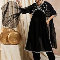 KALINI Floral Embroidered Sequinned Anarkali Kurta With Trousers & With Dupatta image 1