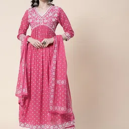 FASHOR Pink Ethnic Printed Empire Mirror Work Pure Cotton Kurta With Trousers & Dupatta-picture-38