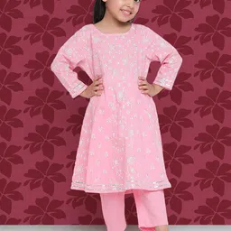 Indo Era Girls Pink Floral Printed Regular Kurta with Trousers-picture-21