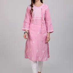 KHAKA Floral Embroidered Regular Chikankari Pure Cotton Straight Kurta with Trousers-picture-32