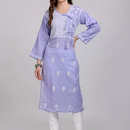 KHAKA Floral Embroidered Regular Chikankari Pure Cotton Straight Kurta with Trousers-picture-33